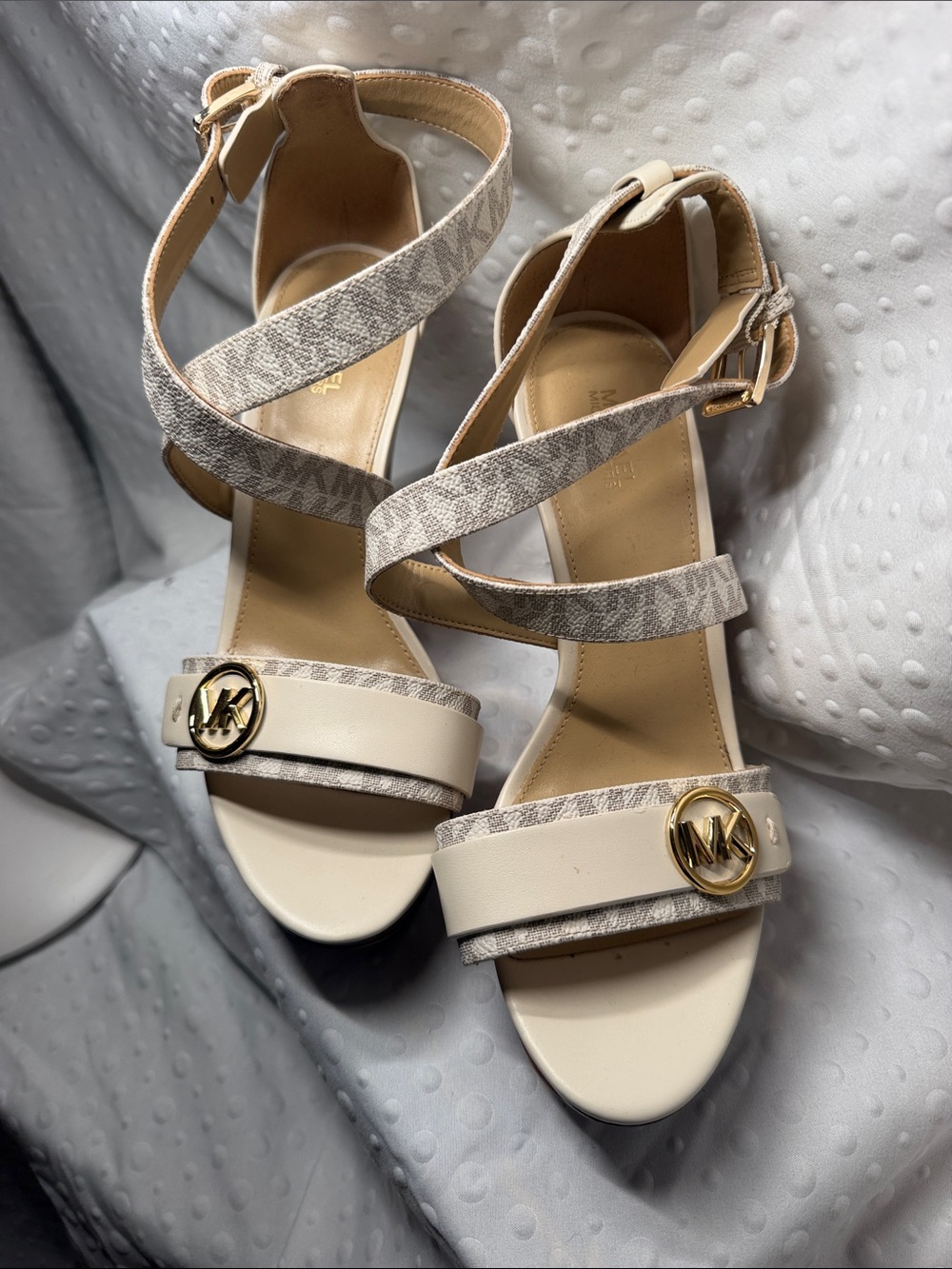 Michael Kors Beige Ivory Strappy Heeled Sandals with Gold MK Medallion